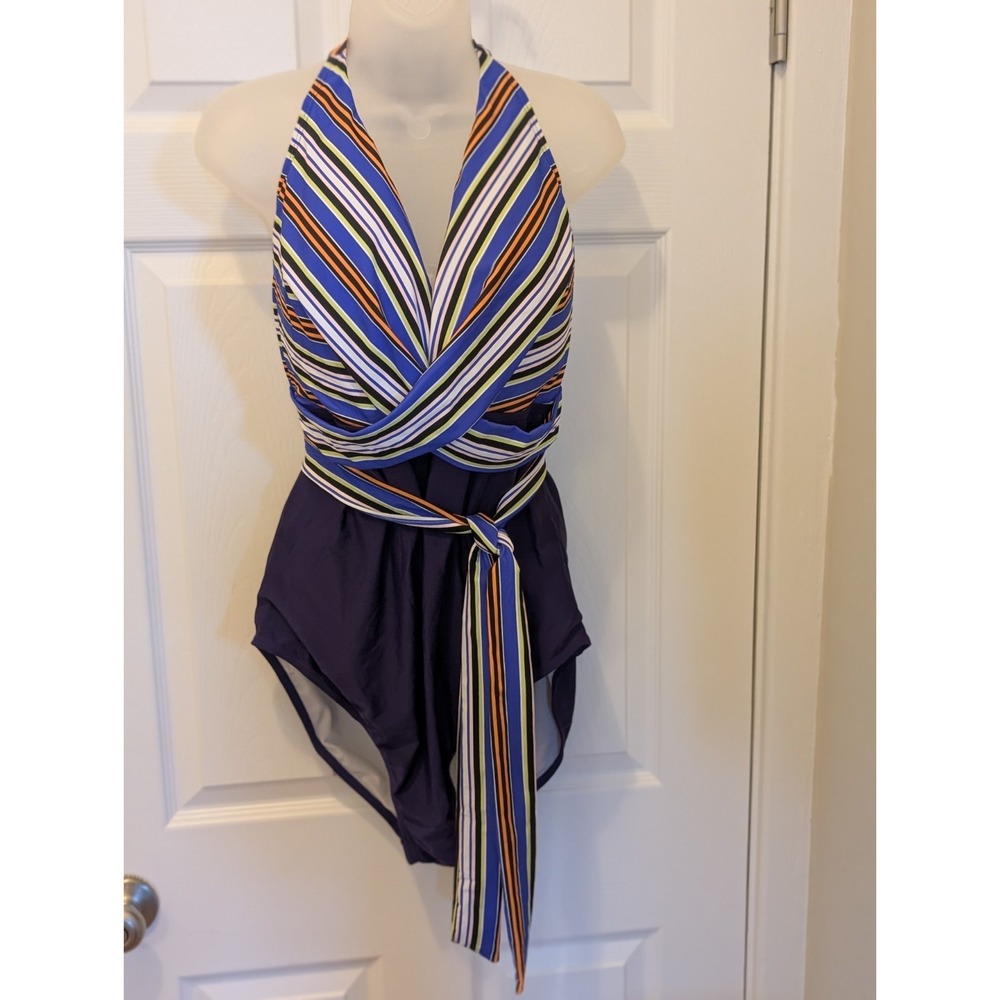NWT Meet.Curve One Piece Swimsuit 3X Plus Size Striped Halter‎ Wrap Swimwear New